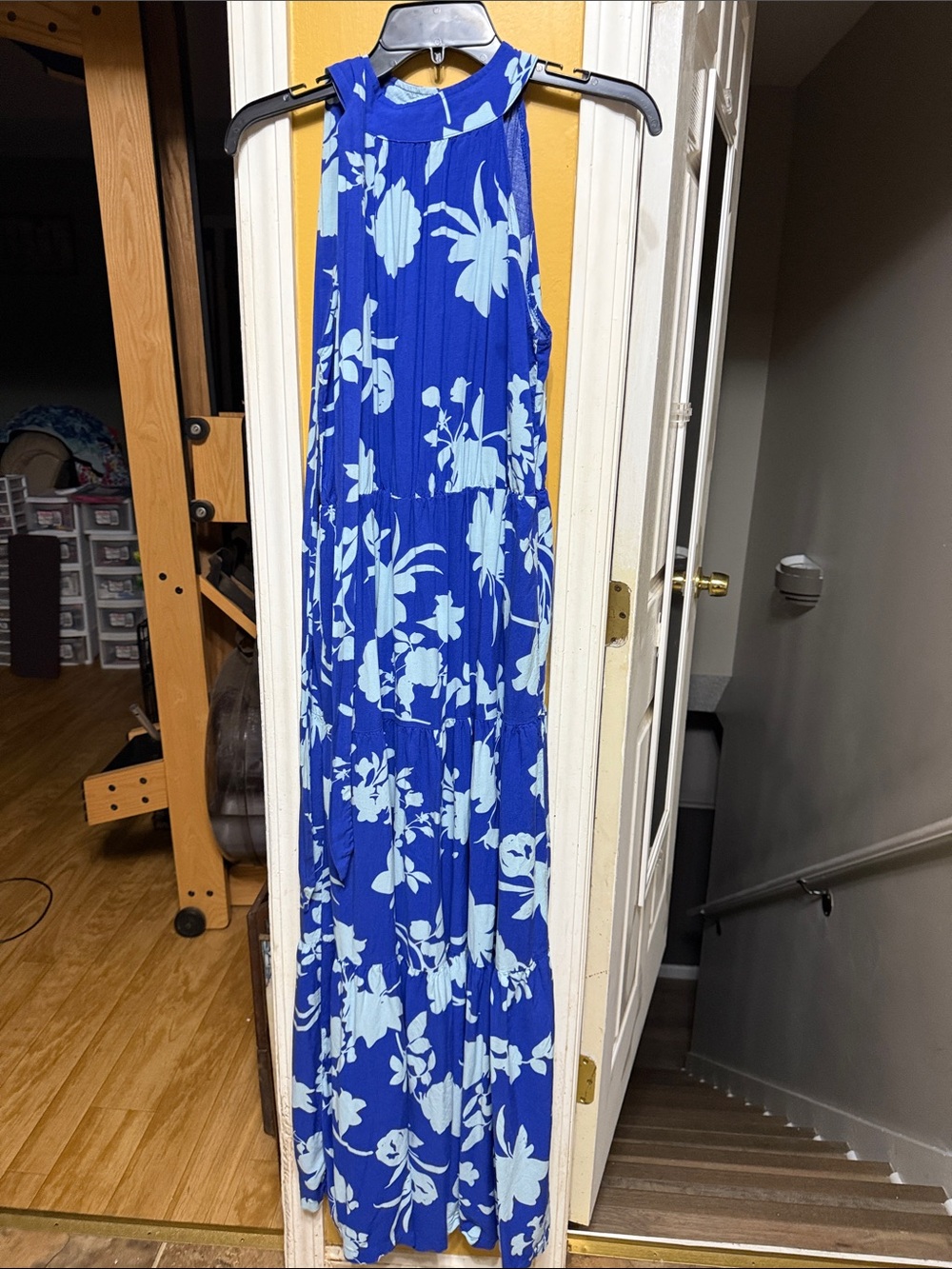 SHEIN     Blue Floral Halter Neck Tiered Maxi Dress Sleeveless Boho Resort Dress